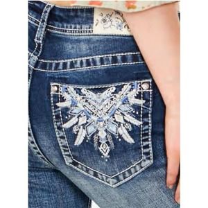 Grace in LA Women's Western Feather Embroidered Bootcut Stretch Jeans